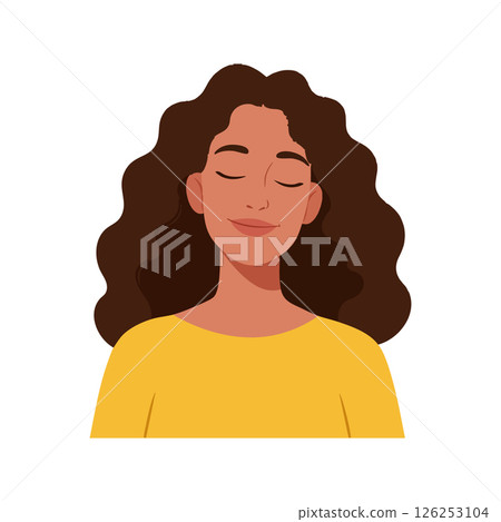 Woman with curly brown hair wearing yellow shirt portrait vector illustration calm expression Woman with curly brown hair wearing yellow shirt portrait vector illustration calm expression 126253104