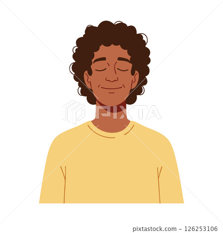 Young man with curly hair wearing yellow sweater peaceful expression vector illustration 126253106
