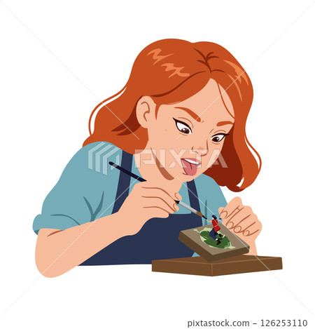 Woman painting miniature figure with red hair and blue shirt close up vector illustration 126253110