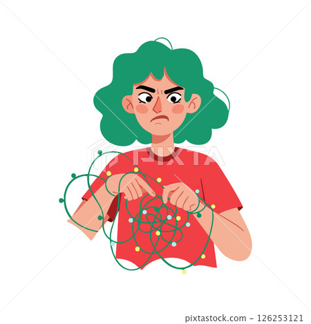 Woman with green hair untangling string lights frustrated expression vector illustration Woman with green hair untangling string lights frustrated expression vector illustration 126253121
