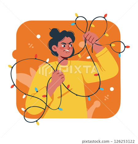 Frustrated woman tangled in colorful Christmas string lights vector illustration 126253122