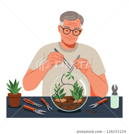 Man Creating Glass Terrarium with Green Plants and Gardening Tools Vector Illustration Man Creating Glass Terrarium with Green Plants and Gardening Tools Vector Illustration 126253124