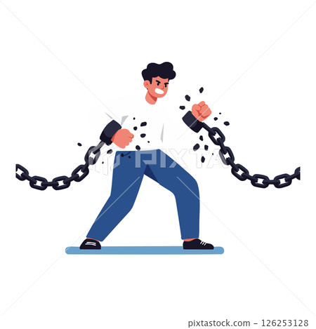 Man breaking free from chains symbolizing liberation and strength in vector illustration Man breaking free from chains symbolizing liberation and strength in vector illustration 126253128