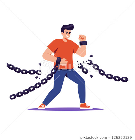 Man Breaking Free from Chains Symbolizing Freedom and Strength Vector Illustration 126253129
