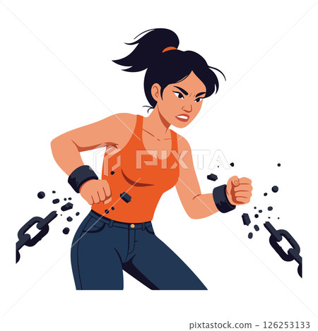 Woman Breaking Chains in Orange Tank Top Showing Strength and Determination 126253133