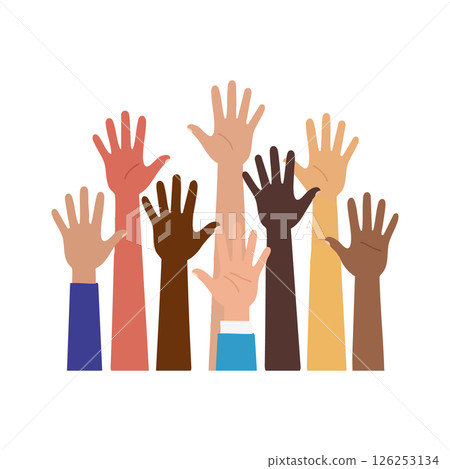 Diverse raised hands illustration showing unity and inclusion in multiple skin tones vector 126253134