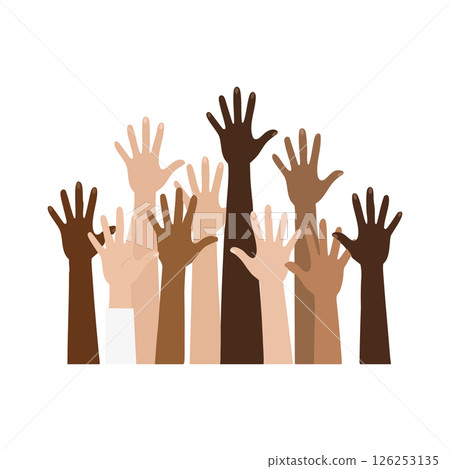 Diverse human hands raised together symbolizing unity and cooperation vector illustration 126253135