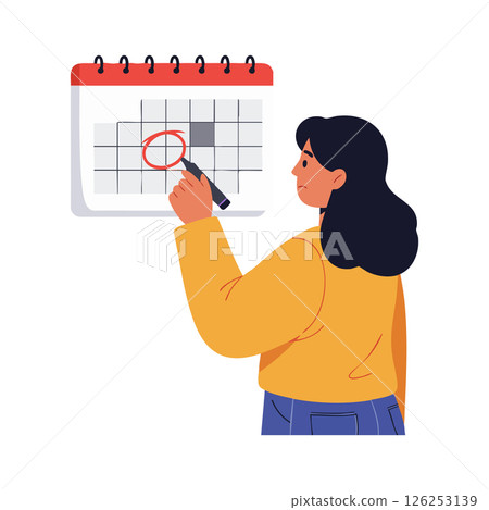 Woman marking date on calendar planning schedule organization vector illustration 126253139