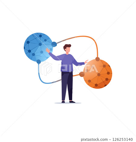 Man Connecting Blue and Orange Network Nodes Technology Concept Vector Illustration 126253140