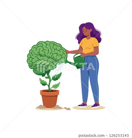Woman nurturing brain shaped plant symbolizing mental growth and health care vector illustration Woman nurturing brain shaped plant symbolizing mental growth and health care vector illustration 126253143