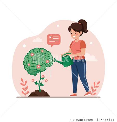 Woman watering brain shaped plant symbolizing mental growth and care vector illustration Woman watering brain shaped plant symbolizing mental growth and care vector illustration 126253144