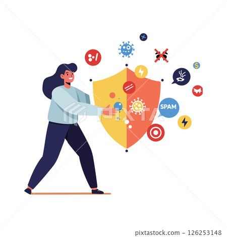 Woman holding shield protecting against viruses spam and cyber threats vector illustration Woman holding shield protecting against viruses spam and cyber threats vector illustration 126253148