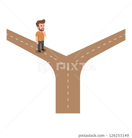Man standing thinking at forked road decision crossroads vector illustration 126253149