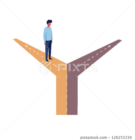 Man standing at crossroads making decision choice concept vector illustration 126253150