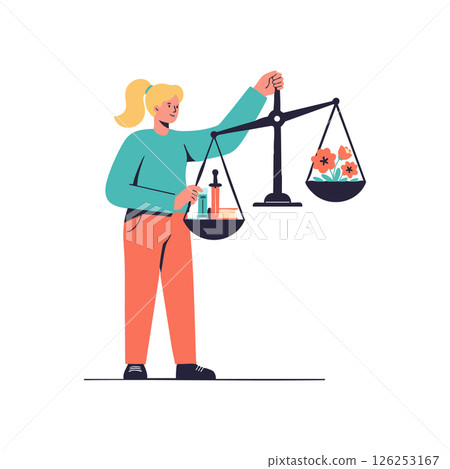 Woman holding balance scale with flowers and bottles symbolizing health and nature harmony vector illustration 126253167