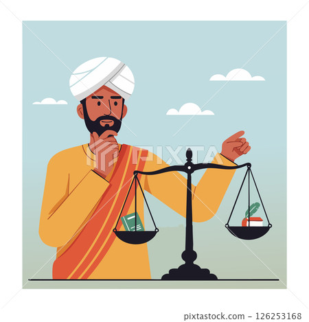 Man in turban and traditional clothes considering balance scale illustration vector Man in turban and traditional clothes considering balance scale illustration vector 126253168