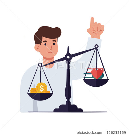 Man balancing money and heart symbol on scale illustrating financial and emotional value concept Man balancing money and heart symbol on scale illustrating financial and emotional value concept 126253169