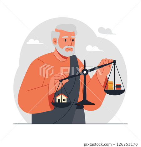 Elderly man holding scales balancing house and coins concept of financial decision making vector illustration Elderly man holding scales balancing house and coins concept of financial decision making vector illustration 126253170
