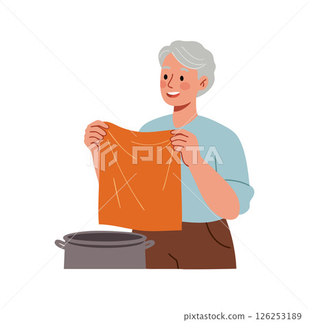 Senior person folding orange laundry towel near washing machine vector illustration 126253189