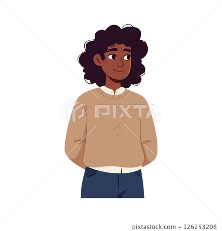Young person with curly hair wearing brown sweater and blue jeans vector illustration Young person with curly hair wearing brown sweater and blue jeans vector illustration 126253208