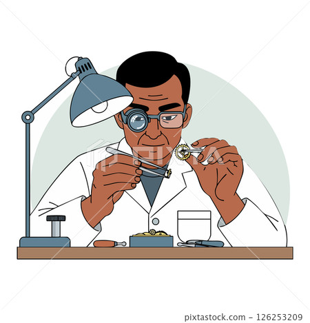 Watchmaker repairing mechanical watch with magnifying glass and tools in workshop vector illustration Watchmaker repairing mechanical watch with magnifying glass and tools in workshop vector illustration 126253209