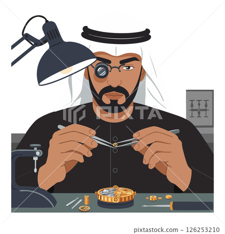 Skilled Arab Man Fixing Watch with Tools and Magnifying Glass in Workshop Vector Illustration Skilled Arab Man Fixing Watch with Tools and Magnifying Glass in Workshop Vector Illustration 126253210
