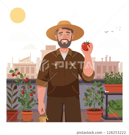 Urban rooftop gardener holding ripe tomato with cityscape background and sunny weather vector 126253222