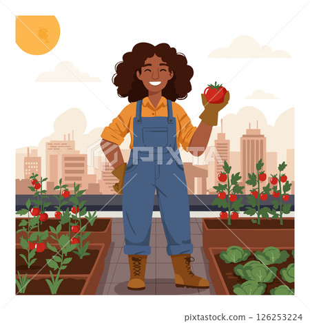 Urban woman gardener harvesting tomato in rooftop garden with city skyline background Urban woman gardener harvesting tomato in rooftop garden with city skyline background 126253224