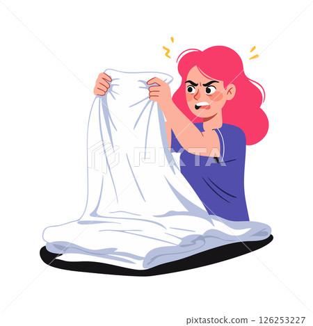 Angry woman folding white bedsheet frustration with household chores vector illustration Angry woman folding white bedsheet frustration with household chores vector illustration 126253227