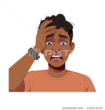 Young man holding head with anxious expression vector illustration in portrait format 126253234