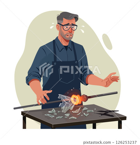 Glassblower working with molten glass and broken shards on table vector illustration Glassblower working with molten glass and broken shards on table vector illustration 126253237