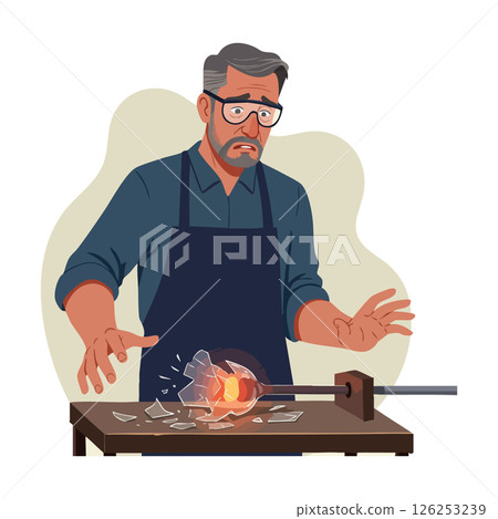 Glassblower surprised by broken glass during glassblowing process in workshop vector illustration Glassblower surprised by broken glass during glassblowing process in workshop vector illustration 126253239