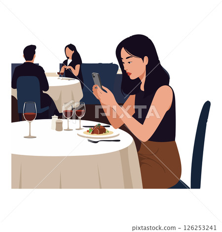Woman Using Smartphone at Restaurant Dining Table with Wine Glasses and Meal Vector Illustration Woman Using Smartphone at Restaurant Dining Table with Wine Glasses and Meal Vector Illustration 126253241