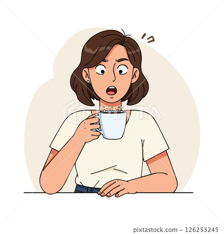 Surprised woman drinking hot coffee or tea in casual outfit vector illustration 126253245