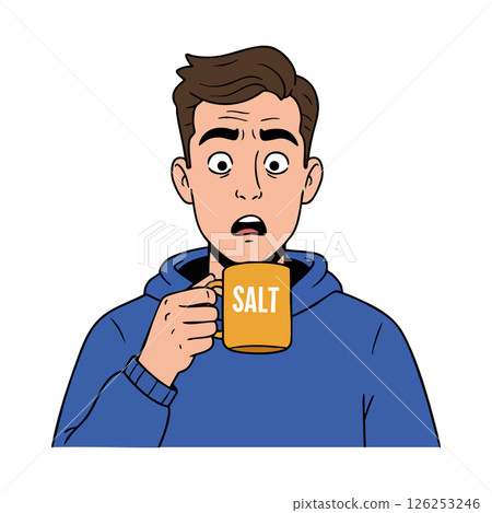 Surprised man holding orange salt mug wearing blue hoodie vector illustration Surprised man holding orange salt mug wearing blue hoodie vector illustration 126253246