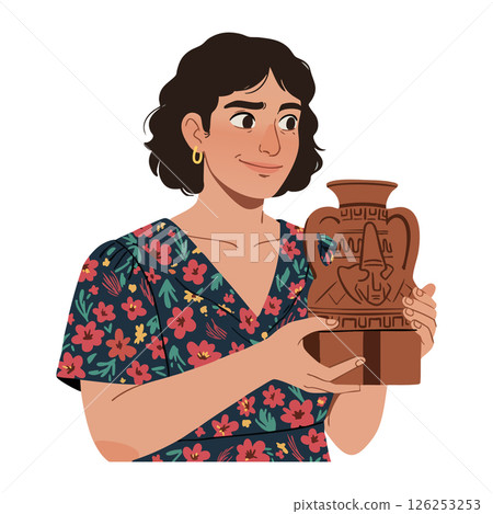 Woman holding ancient Greek style terracotta vase with floral dress vector illustration 126253253