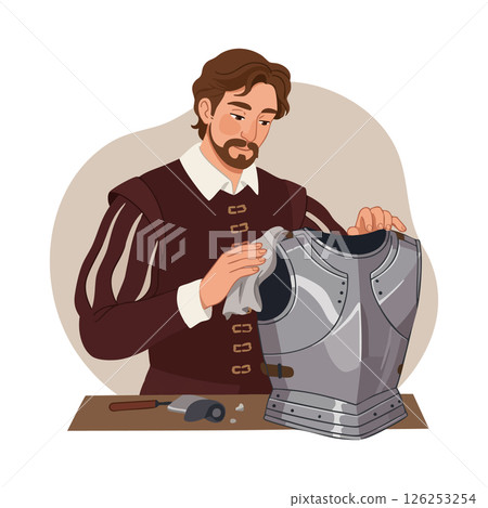 Male craftsman polishing medieval armor chest plate in historical clothing vector illustration Male craftsman polishing medieval armor chest plate in historical clothing vector illustration 126253254