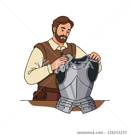 Man inspecting medieval armor chest plate with beard and brown vest vector illustration 126253257