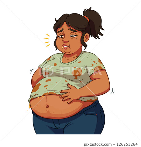 Overweight woman with stained clothes holding bloated stomach discomfort vector illustration 126253264