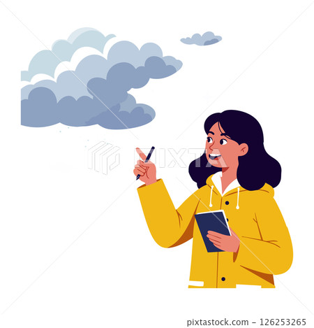 Young woman in yellow jacket pointing at clouds with tablet digital illustration Young woman in yellow jacket pointing at clouds with tablet digital illustration 126253265