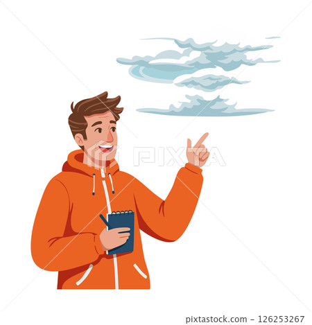 Young man in orange hoodie pointing at clouds holding notepad vector illustration 126253267