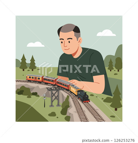 Man Playing with Model Train Set on Outdoor Railroad Tracks in Landscape Scene 126253276