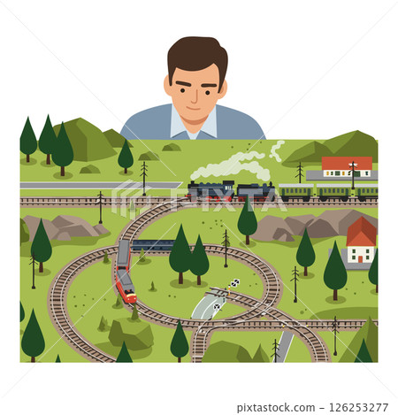 Man watching model train set with landscape trees houses and railway tracks vector illustration Man watching model train set with landscape trees houses and railway tracks vector illustration 126253277