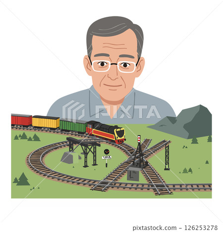 Older man with glasses watching colorful train on mountain railway track vector illustration Older man with glasses watching colorful train on mountain railway track vector illustration 126253278
