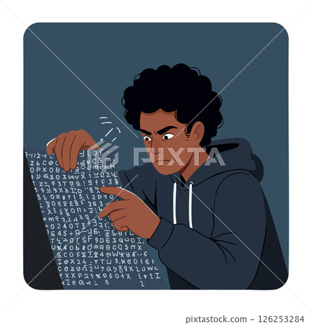 Young man decoding encrypted message with focused expression and dark hoodie vector illustration Young man decoding encrypted message with focused expression and dark hoodie vector illustration 126253284