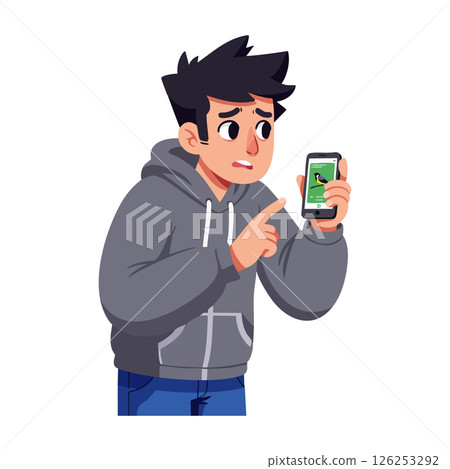 Young man in gray hoodie looking worried at phone screen vector illustration 126253292