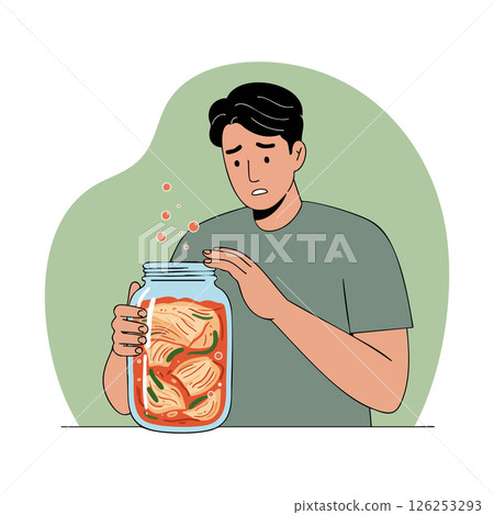 Man holding jar of fermenting kimchi with vegetables and spices illustration 126253293