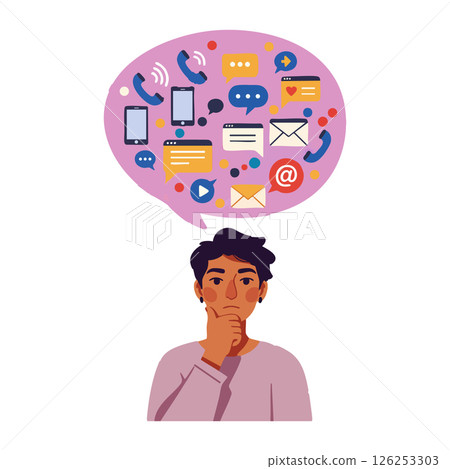 Young person thinking with communication icons and digital messaging symbols vector illustration 126253303