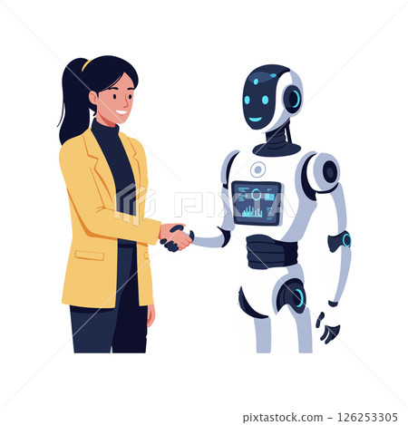 Woman shaking hands with robot artificial intelligence technology collaboration vector illustration 126253305
