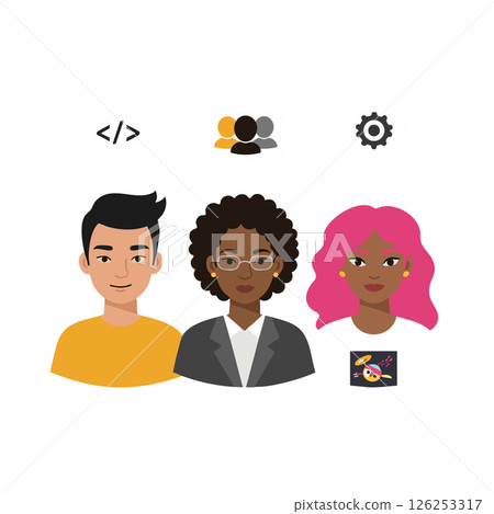 Diverse group of three people with coding and gear icons teamwork vector illustration 126253317